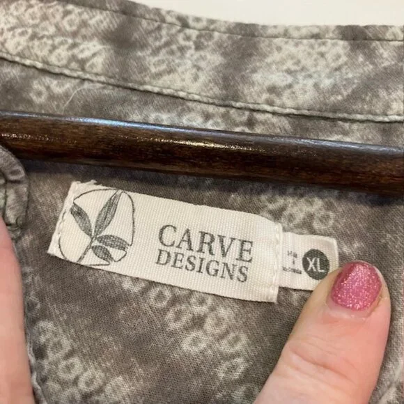 Carve Designs Green Leaf Print Blouse Womens XL Organic Cotton Gauze Lagenlook - Picture 3 of 9